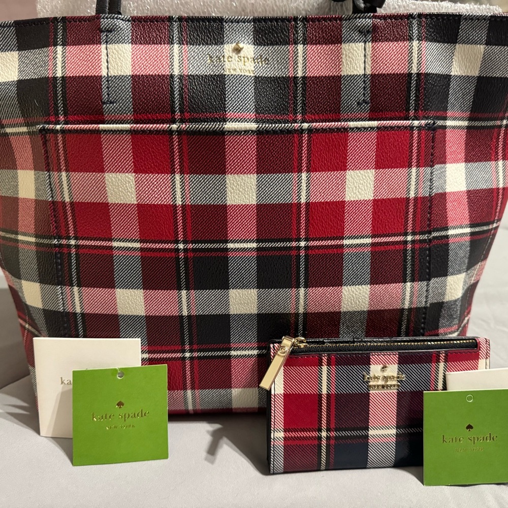 Kate Spade Red and Black Plaid Tote with Matching Wallet